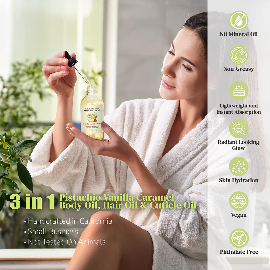 Soothing House Pistachio Vanilla Caramel Body Oil - Nourishing Body Moisturizer for Soft, Glowing Skin with Jojoba & Almond Oil (4 fl oz)
