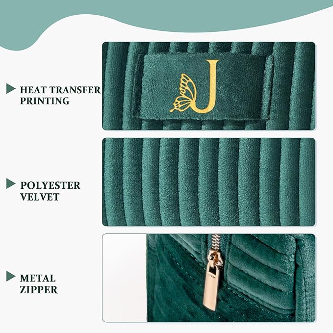 COSHAYSOO Travel Makeup Bag Quilted Make Up Pouch Initial Cosmetic Case with Butterfly Decorations for Women Compact Mirror Traveling Size Beauty Tools Accessories Organizer Green Velvet Letter J