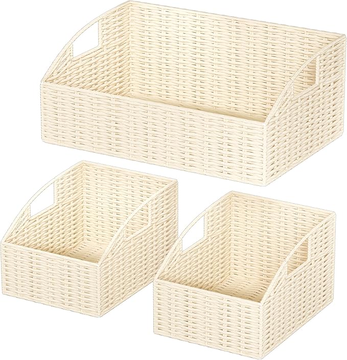 Ollieroo Rattan Storage Baskets, Handwoven Wicker Storage Bins with Built-in Handles, Storage Container Baskets for Shelves, Bedroom, Bathroom, Laundry Room or Kitchen(Beige)