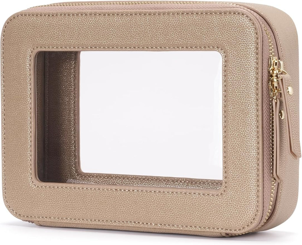 Popvibe Clear Makeup Bag Travel Cosmetic Case Transparent Toiletry Bag with Zipper, Portable Make Up Organizer Traveling Compact Car Bag for Essentials, Gold, Medium