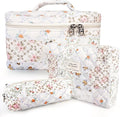 GISMTR 3Pcs Cotton Quilted Makeup Bag Large Travel Cosmetic Bag Coquette Makeup Pouch Cute Aesthetic Floral Toiletry Bag for Women Girls (flower-U)
