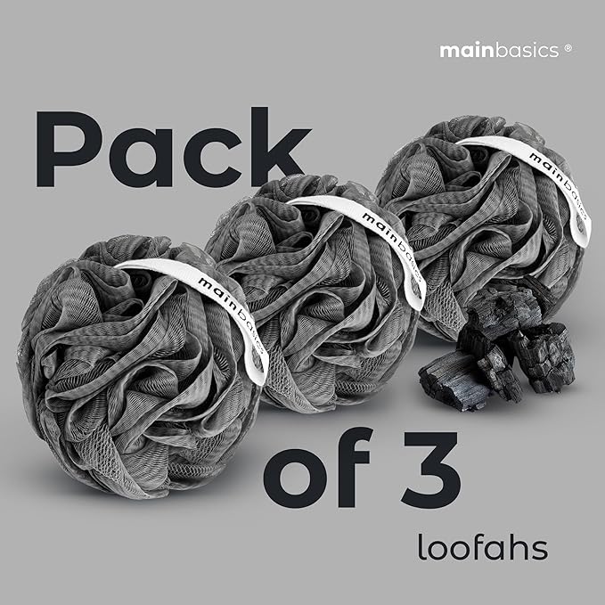 MainBasics Shower Loofah Sponge Pouf, Set of 3, Charcoal Infused