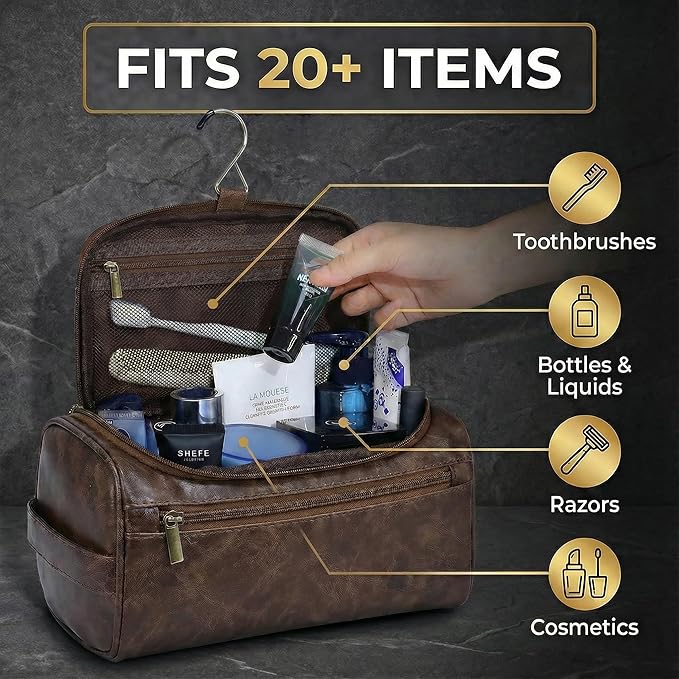 OIMEI Men’s Hanging Toiletry Bag, Large Capacity Travel Dopp Kit Organizer for Business Trip – Waterproof Shaving Bag Multi-Compartment Storage for Grooming Essentials, Bathroom & Gym (Coffee)