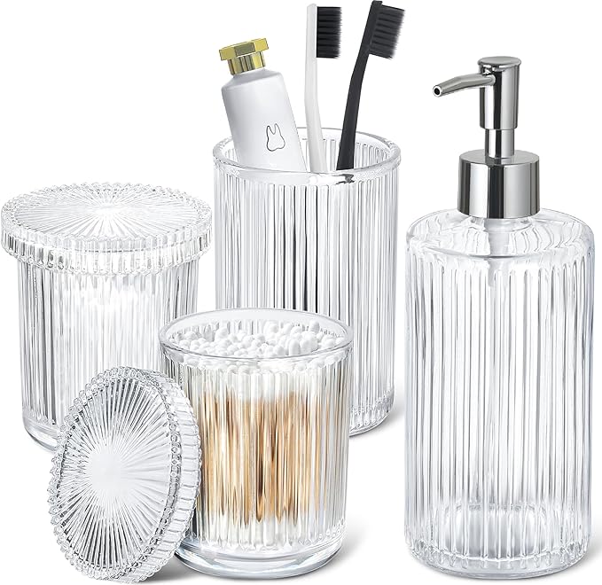 RYTOXILO Matte Black and Gold Bathroom Accessories Set, 4 Pack Glass Bath Accessory Sets Complete, Ribbed Soap Dispenser and Toothbrush Holder Set with 2 Qtip Holders, Modern Gold Bathroom Decor