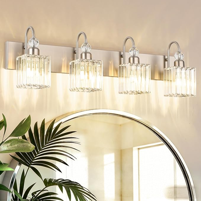 Ralbay Crystal Brushed Nickel Vanity Light for Bathroom 4-Light Modern Bathroom Light Fixtures