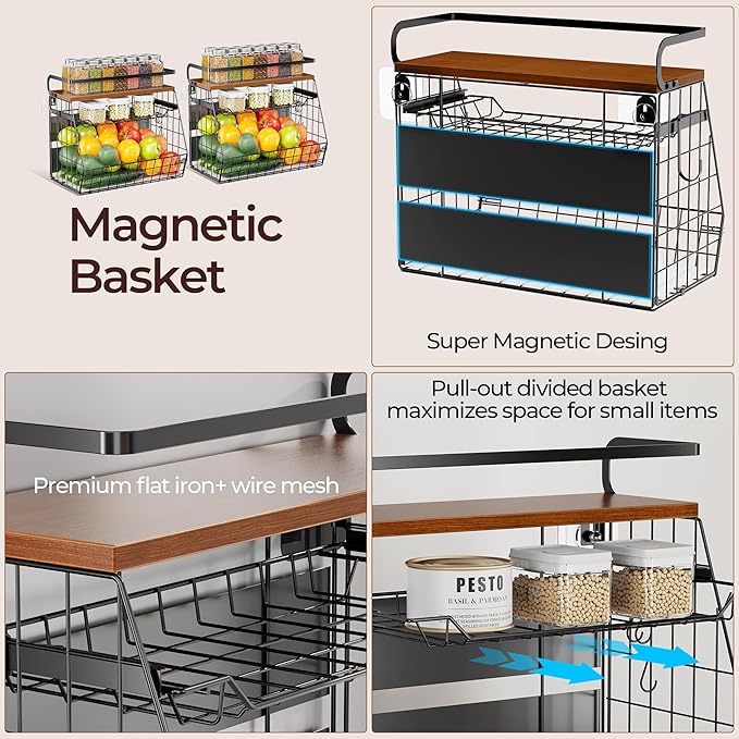 Delamu Magnetic Shelf for Fridge with Wood Lid, 3 Tier Pull Out Fruit Basket, Magnetic Spice Rack Organizer for Refrigerator, Cabinet, Kitchen Counter, Laundry (2 Pack)