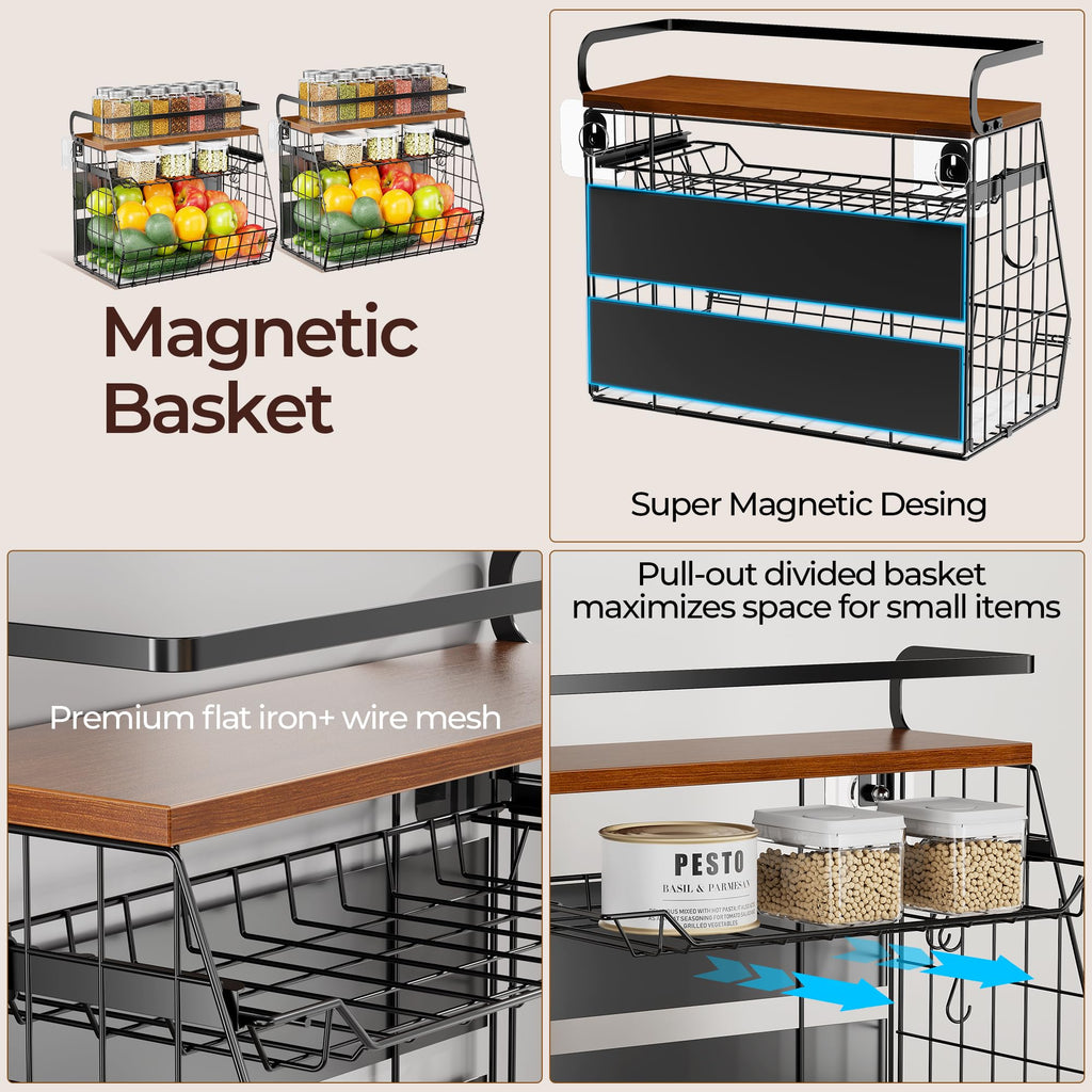 Delamu Magnetic Shelf for Fridge with Wood Lid, 3 Tier Pull Out Fruit Basket, Magnetic Spice Rack Organizer for Refrigerator, Cabinet, Kitchen Counter, Laundry (2 Pack)