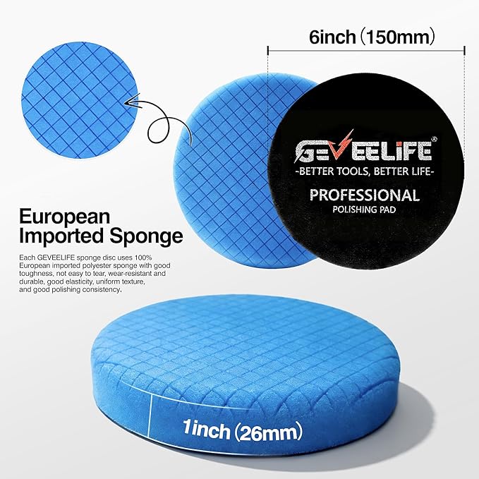 GEVEELIFE 9Pcs Buffing Polishing Pads Kit, 6 Inch Buffing Pads, Sponge & Woolen Pads with M14 Drill Adapter & Backing Plate for Car Care, Polishing, Washing, Cleaning, Waxing
