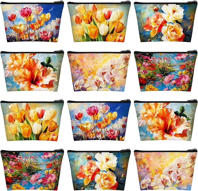 Sweetude 12 Pcs Oil Painting Flowers Makeup Bag Bulk Portable Flower Travel Cosmetic Bags with Zipper Retro Floral Waterproof Roomy Travel Toiletry Organizer Storage Beauty Pouch for Women Gifts