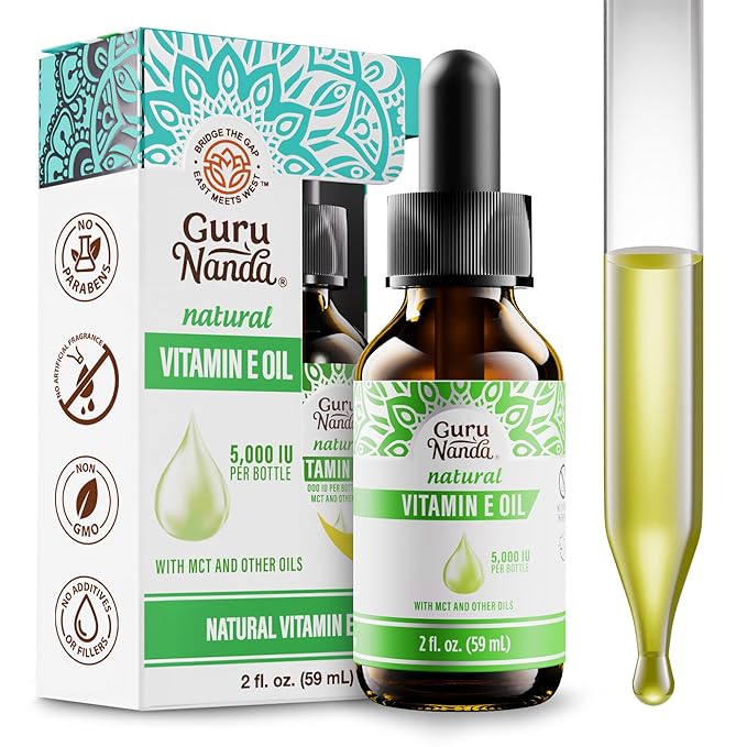GuruNanda Pure & Natural Vitamin E Oil for Skin, Face, & Nails, 5,000 IU with D-Alpha Tocopherol & MCT Oil to Help Enhance Absorption, Non-GMO & Vegan, 2 FlOz