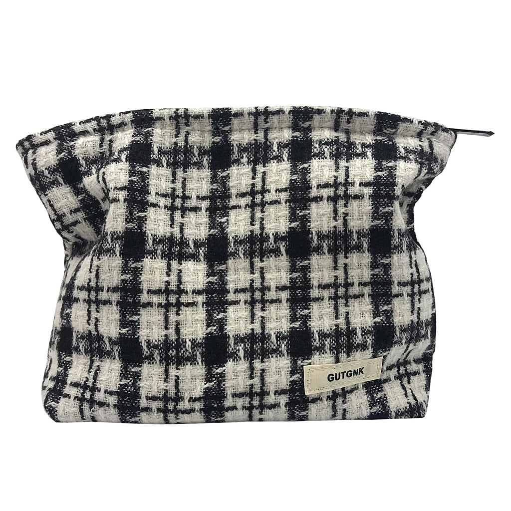 GUTGNK Corduroy Ladies Cosmetic Bag, Large Capacity Canvas Cosmetic Bag Travel Toiletry Bag Accessories Organizer, Black Check