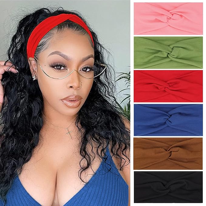 XTREND 6 Pcs Headbands for Women, Twisted Cross Elastic Head Bands Yoga Workout Non-Slip Sweat Soft Solid Color Simple Versatile Hair Accessory Hairbands