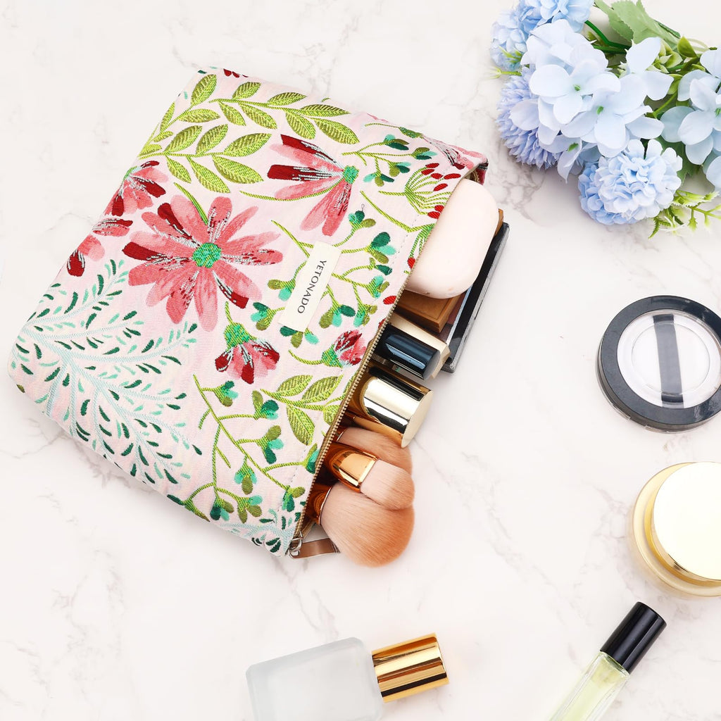 ZLFSRQ Floral Makeup Bag for Women Cute Cosmetic Bag Large Capacity Cosmetic Pouch Embroidery Vintage Zipper Makeup Pouch for Purse Portable Travel Toiletry Bags Aesthetic Skincare Storage Organizer