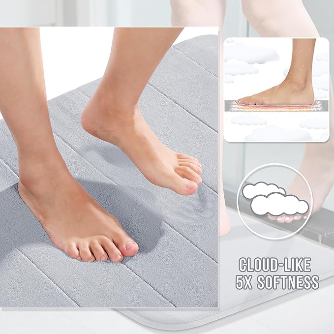 Yimobra Memory Foam Bath Mat Set 2 Piece - Super Soft Absorbent Quick Dry Bathroom Toilet Rugs, Machine Washable Non Slip Floor Carpet for Tub Shower & Single Sink (31.5x20 & 24x20, Silver)