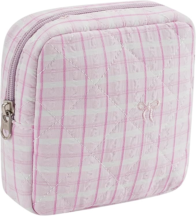 RSRSLEII Small Quilted Striped Cosmetic Pouch for Purse, Mini Cotton Makeup Bag with Compartments, Cute Zipper Lipstick Holder for Women (23 Pink Stripes)