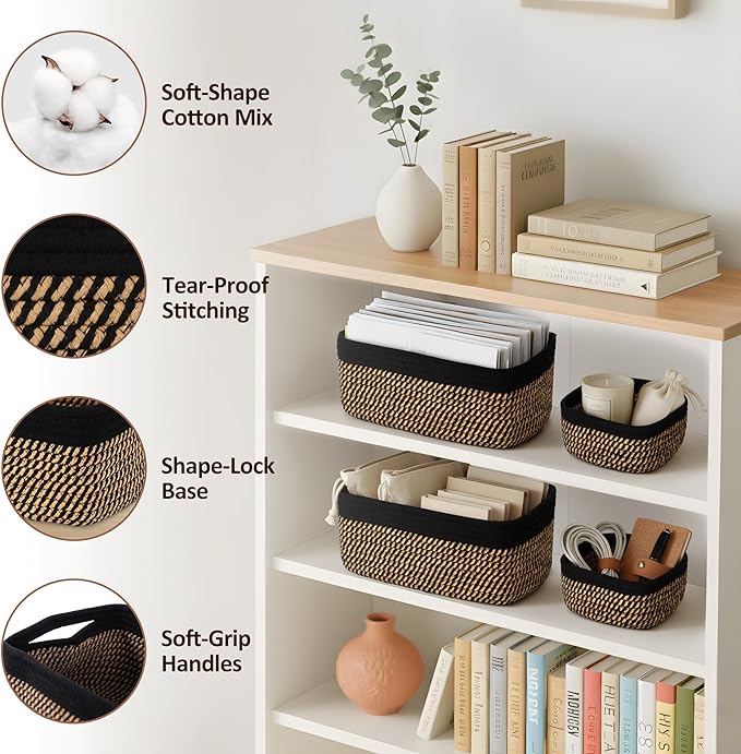 VIRETH HAUS 5-Pack Small Woven Rope Storage Baskets – 2 Sizes Organizer Bins for Closet, Shelf, Bookshelf, Nursery, Changing Table, Fabric Cube Boxes, Rectangular Shallow Bins for Bathroom, Toy & Home