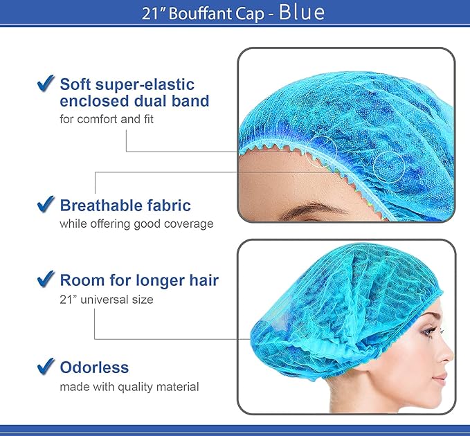 Disposable Bouffant Caps, 21inches Hair Net, Elastic Dust Cap for Food Service, Kitchen Head Cover (Blue)