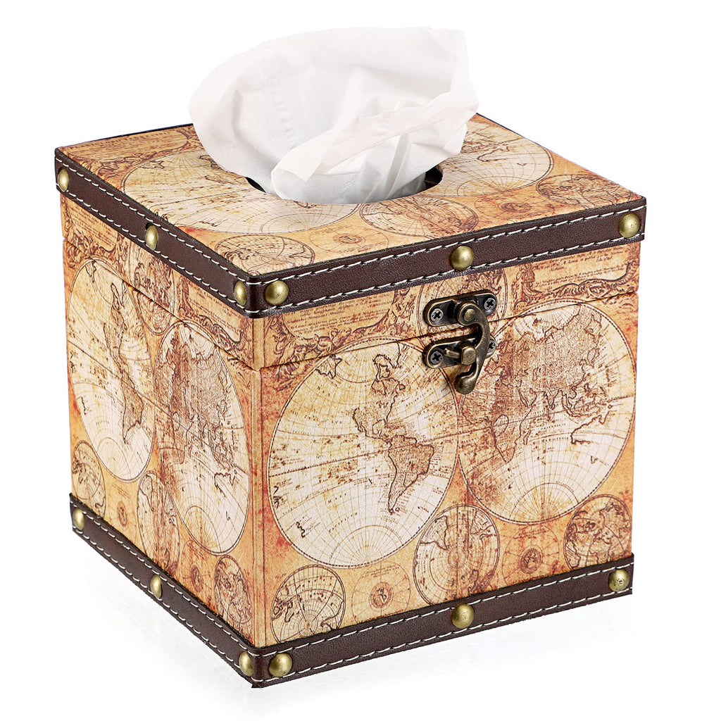 Sumnacon Retro Wood Square Tissue Box Cover - Vintage Cube Tissue Box Holder, Decorative Facial Tissue Holder for Bedroom Bathroom Dresser Night Stand Table Car Store Office Home Decor, Yellow