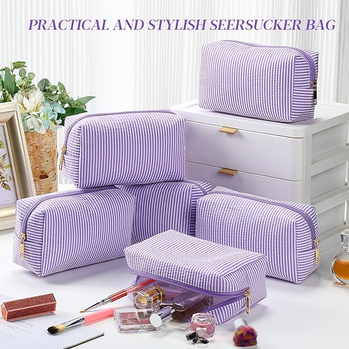 Sanwuta 6 Pcs Seersucker Cosmetic Bags Bulk Seersucker Makeup Bags Stripe Women Pouch Large Preppy Storage Pouch Toiletry Travel for Wedding Bridesmaid Bride Favor Back to Teacher Gift (Purple)