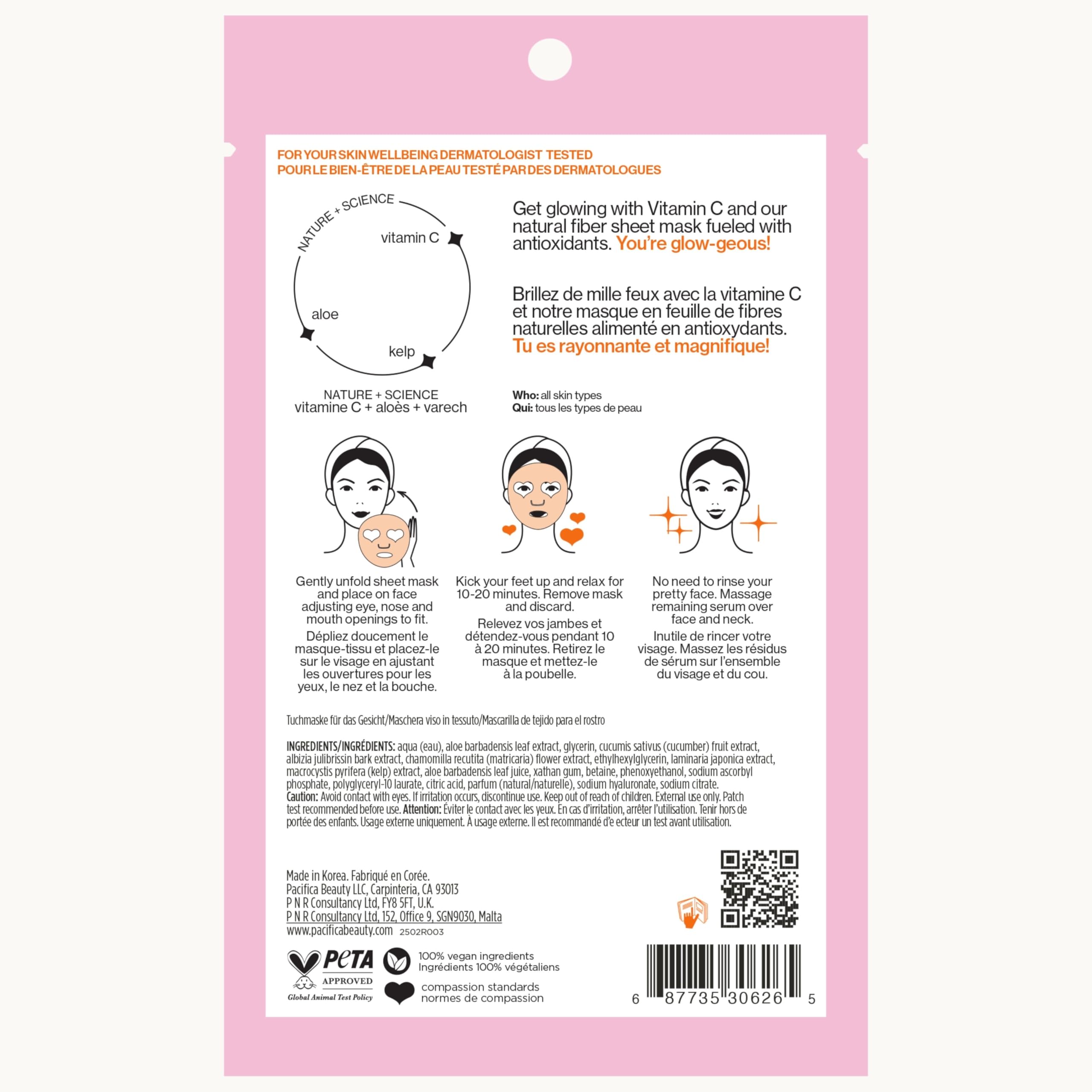 Pacifica Glow Baby Brightening Vitamin C Face Mask 4-Pack – Hydrating Serum-Soaked Sheet Mask for Glowing Skin, Fights Dullness & Dark Spots, Infused with Aloe & Kelp, 100% Vegan & Cruelty-Free