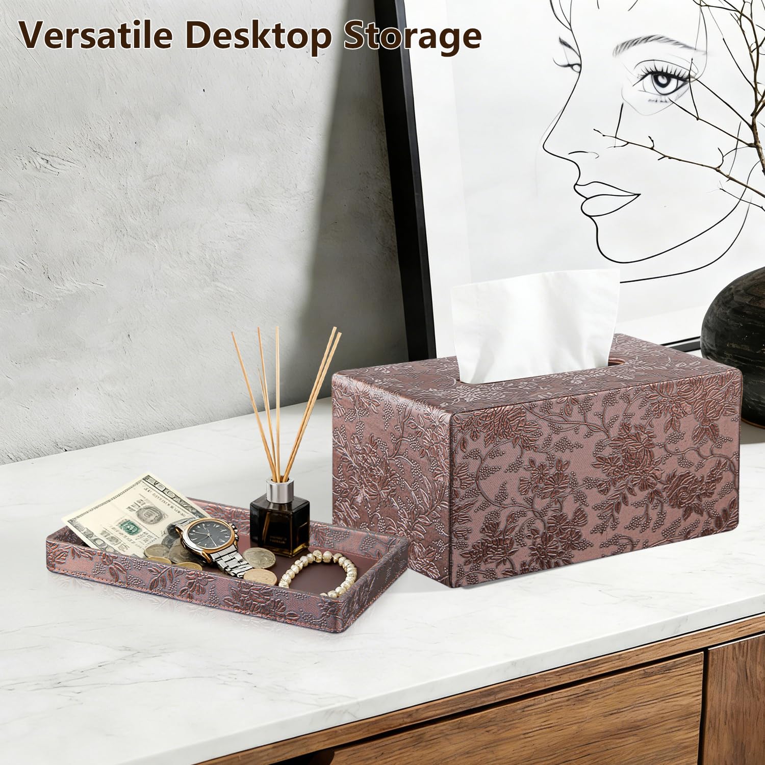 Fanousy Large Tissue Box Cover Rectangle with Tray on Top, PU Leather Facial Tissue Holder with Storage, Fits 230-Count Family Size Kleenex, Modern Nightstand Organizer for Bathroom Office Home Decor