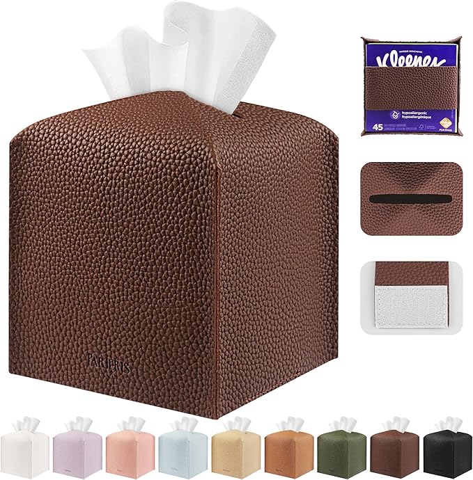 Tissue Box Cover Holder Square Tissue Cube Cover PU Leather Tissue Organizer with Bottom Belt for Bathroom, Tabletop, Car, Night Stands, Office, Home, Kitchen (1, CoffeeBrown)