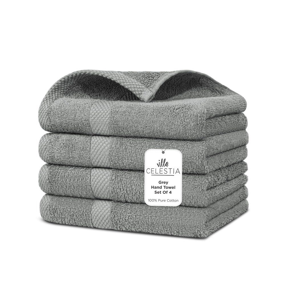 Villa Celestia Cotton Hand Towels Set of 4, 16 x 28, Oeko-TEX Certified, Quick Dry, Grey