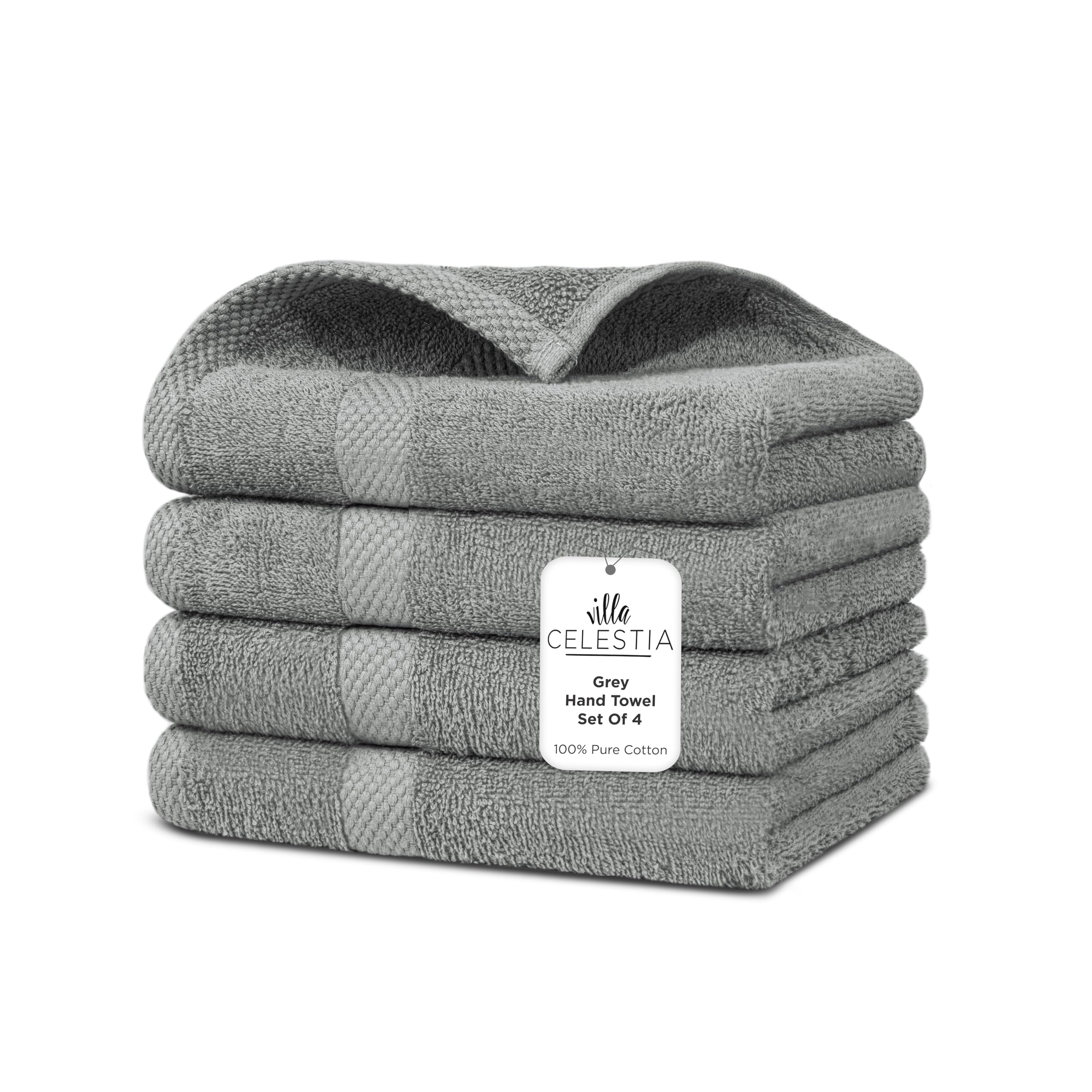 Villa Celestia Cotton Hand Towels Set of 4, 16 x 28, Oeko-TEX Certified, Quick Dry, Grey