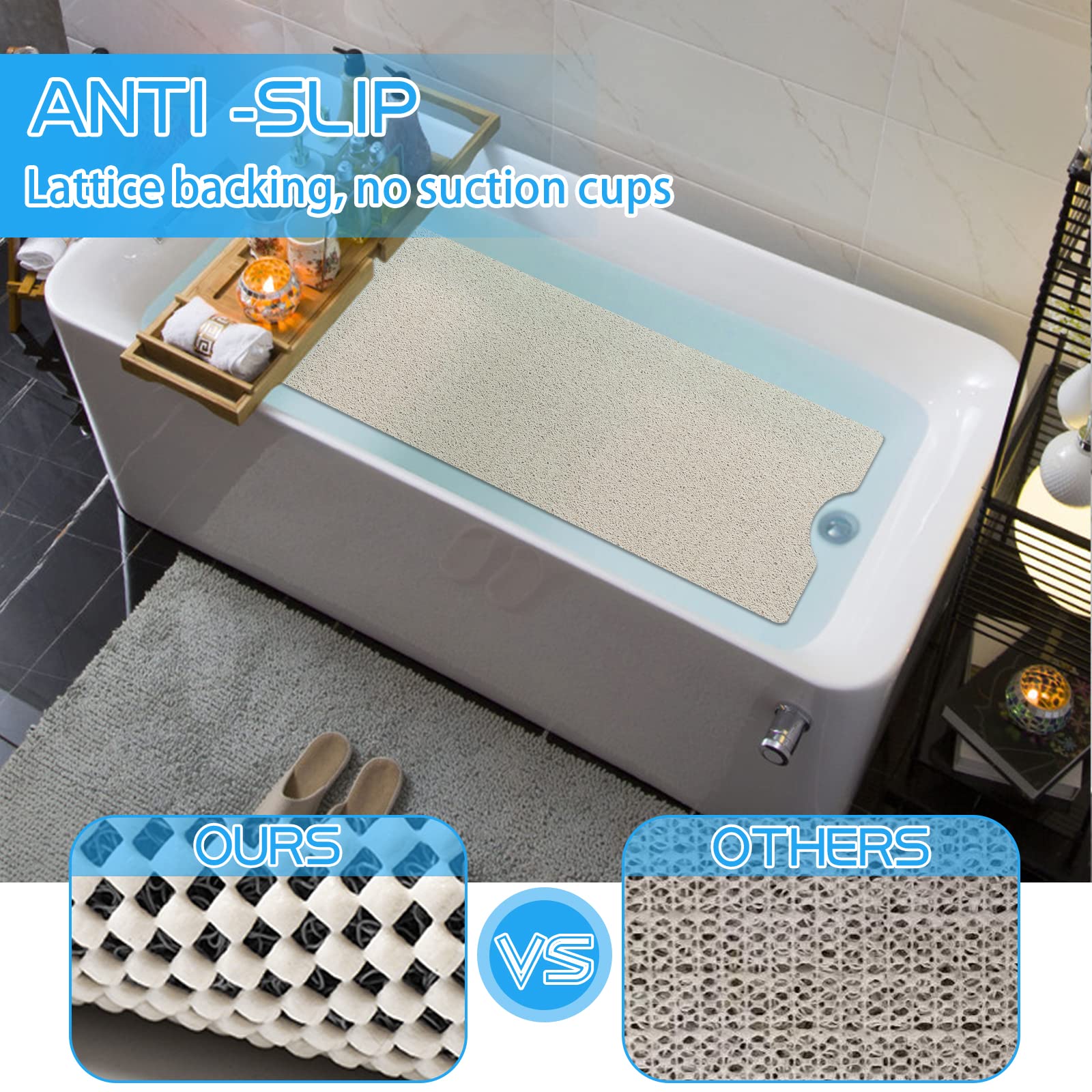 OXTAIL Bathtub Mat Non Slip Shower Soft PVC Loofah Bath Tub Mats for Bathroom 16''x40'', Beige