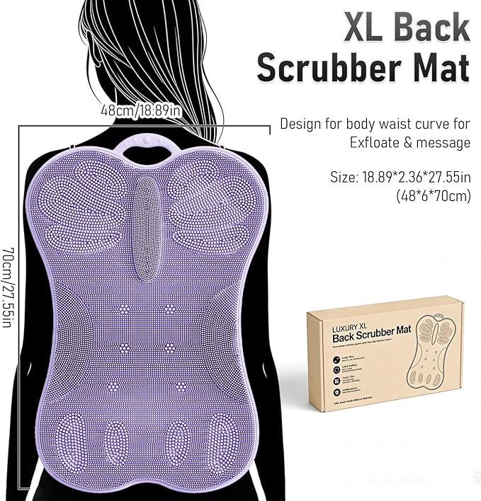 Vynusio Back Scrubber Body Bath Cushion for Tub Bathtub with Back Lumbar Ergonomic Support, Silicone Extra Large Thick Soft Seat Pad Non-Slip Suction Cups, Relaxing Spa Exfloating Scrubber Mat Purple