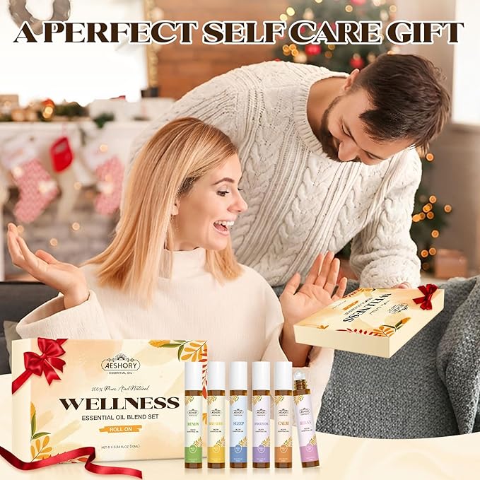 Essential Oils Roll On Set,Gifts for Women & Men (Calm, Relax, Breathe, Focus on, Sleep, Renew), Natural Aromatherapy Oil Blend Kit with Roller Ball for Massage, Body Skin Care, Relaxation Gift