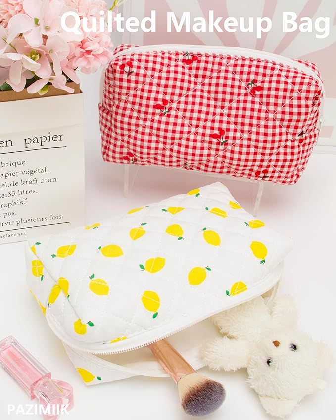 PAZIMIIK Small Quilted Makeup Bag,Zipper Cosmetic Pouch,Lemon White