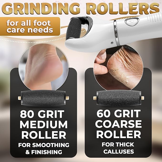 Electric Foot File Callus Remover – 3-Speed Foot Scrubber Electric (1800/2200/2800 RPM), Dry Skin Remover for Feet – 2 Replacement Rollers 80 & 60 Grit, 360° Precision Control & Easy-to-Clean Design