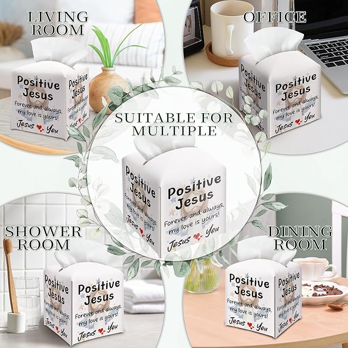 Positive Jesus Tissue Box Cover Square, Catholic Religious Waterproof Leather Tissue Box Holder, Jesus Paper Facial Tissue Box Covers Cube for Office Bathroom Home Prayer Room and Car Decor