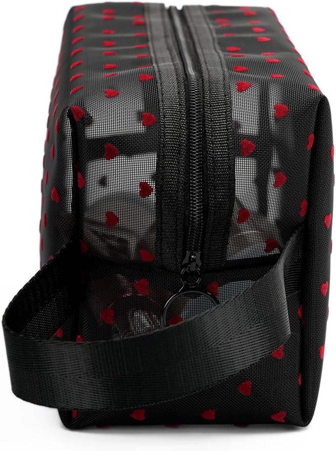 TOPASION Portable Mesh Makeup Bag with Zipper Small Travel Toiletry Bag Lightweight Cosmetic Pouch (Black&Red Heart with Handle)