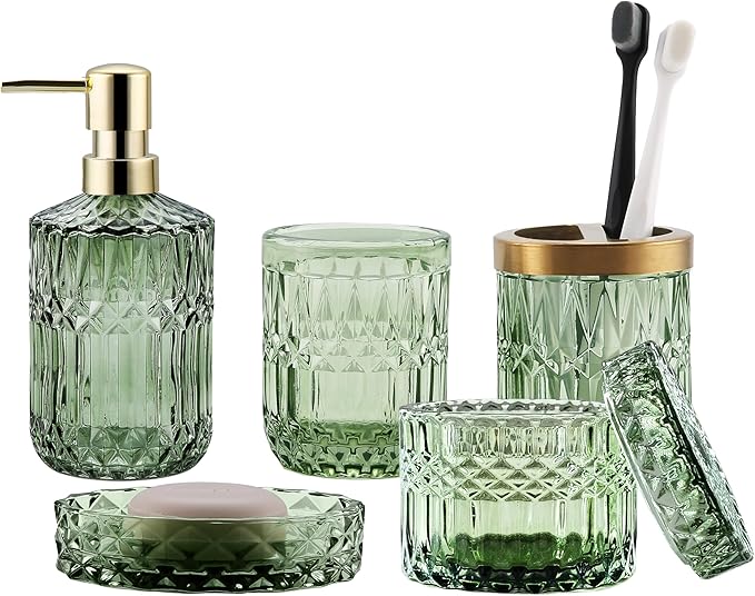 LaMarriti Clear Gold Bathroom Accessorries Set, 5Pcs Glass Bathroom Set