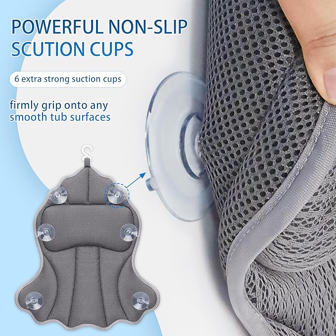 Poemland Bath Pillows for Tub, Luxury Bath Pillow Soft 4d Mesh, Bathtub Pillow with 6 Suction Cups, Ergonomic Bath Tub Pillows for Head and Neck, Bath Accessories for Women Relaxation Gifts (Grey)
