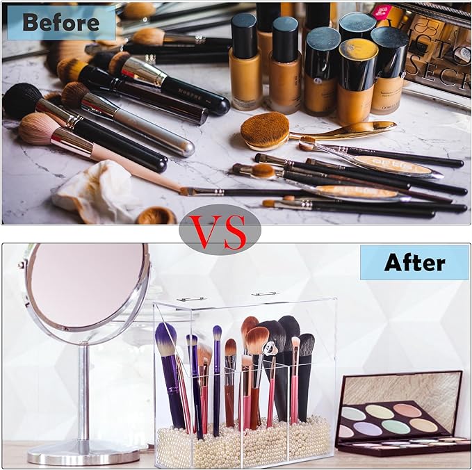 LOHRYVIO Acrylic Makeup Brush Holder with Lid - Clear Cosmetic Makeup Brush Organizer and Storage Box with Cover for Vanity - Large Capacity 3-Slots Container for Brushes (Clear)