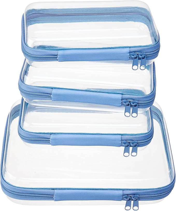 WELPIRT 4 pcs Clear Zipper Pouches,Hard Shell Zipper Case, Toiletry Bag for Travel, CLear Diaper Bag, Toiletry Pouch, Travel Organizer, Cosmetic Bag,Toy Storage Bins (M+3S) (Blue)