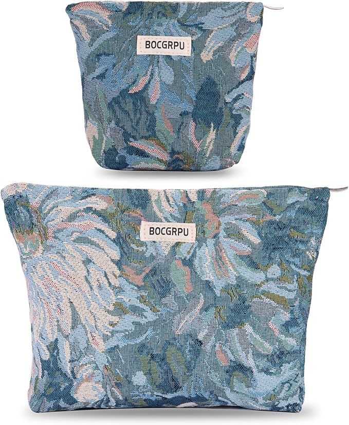 BOCGRPU 2 Pcs Aesthetic Cosmetic Bag Set, Vintage Jacquard Floral Makeup Pouches for Purse Travel, Large Capacity Tapestry Toiletry Organizer with Zipper, Gifts for Women Girls (Oil Painting Blue)