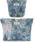 BOCGRPU 2 Pcs Aesthetic Cosmetic Bag Set, Vintage Jacquard Floral Makeup Pouches for Purse Travel, Large Capacity Tapestry Toiletry Organizer with Zipper, Gifts for Women Girls (Oil Painting Blue)