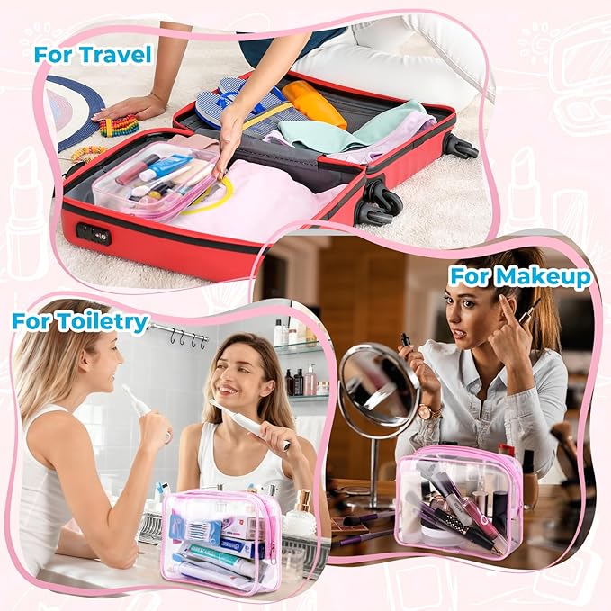 CHICAUP 6 Pieces Clear Makeup Bags Bulk TSA Approved Toiletry Bag for Travel PVC Waterproof Clear Cosmetic Pouch with Zipper for Men and Women Carry-on Travel Essentials (Pink)