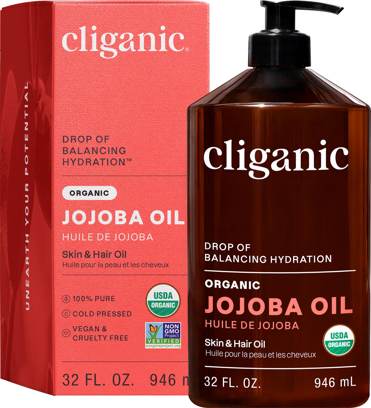 Cliganic Organic Jojoba Oil, 100% Pure Cold Pressed for Face & Hair, 128oz
