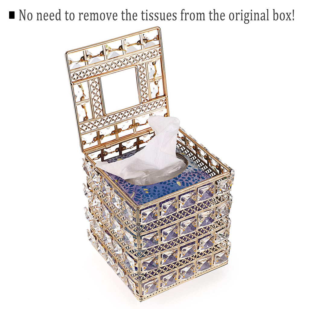 Sumnacon Crystal Square Tissue Box Cover - Sparkling Cube Glass Tissue Box Holder, Decorative Facial Tissue Holder for Bedroom Bathroom Dresser Night Stand Table Office Home Decor, Gold