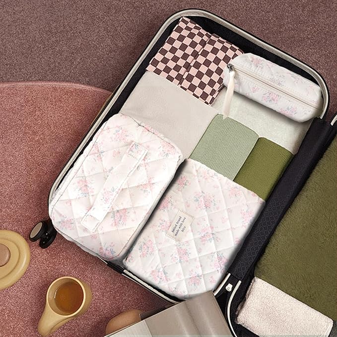 GISMTR 3Pcs Cotton Quilted Makeup Bag Large Travel Cosmetic Bag Coquette Makeup Pouch Cute Aesthetic Floral Toiletry Bag for Women Girls (flower-S)