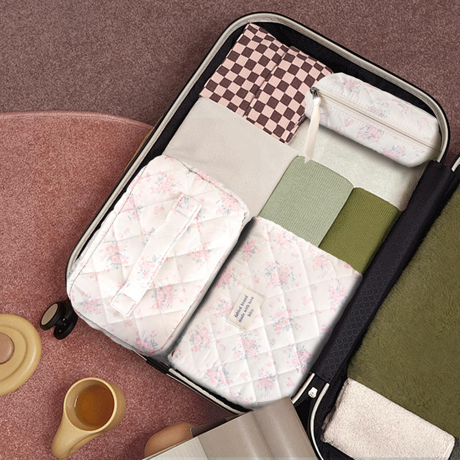 GISMTR 3Pcs Cotton Quilted Makeup Bag Large Travel Cosmetic Bag Coquette Makeup Pouch Cute Aesthetic Floral Toiletry Bag for Women Girls (flower-S)