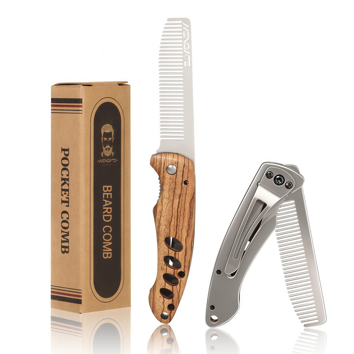 1PC Wooden Beard Comb for Men - Folding & Secure Lock & Pocket clip, 0.12lb