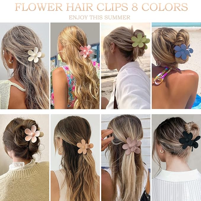 Flower Hair Clips 8PCS, Large Claw Clips for Women Girls Thick Thin Hair, Strong Hold Nonslip Big Dasiy Jaw Clamps Matte Hair Accessories 8 Colors