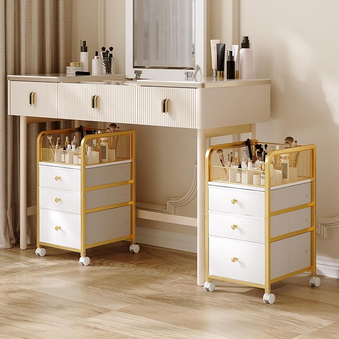 ZQUYAJ Rolling Makeup Organizer Cart with 3 Drawers Under Desk Storage