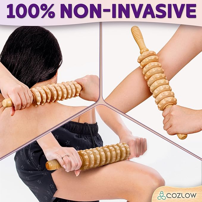 COZLOW Wooden Massage Roller Stick (9 Rollers) - Curved Wood Therapy Massage Tool for Body Sculpting, Fascia Release & Lymphatic Drainage - Maderotherapy Helps Reduce Cellulite Appearance